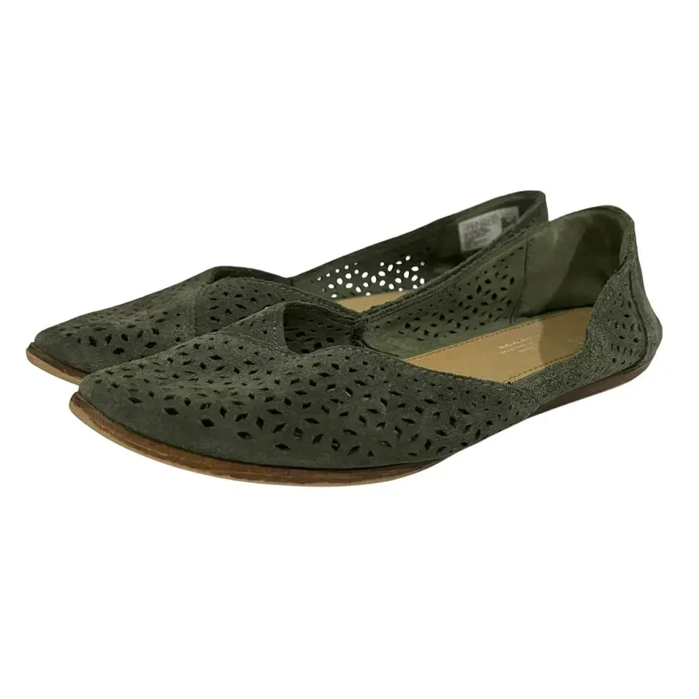 Toms Jutti Suede Laser Cut Flats Womens 8 Green Slip On Casual Comfort
